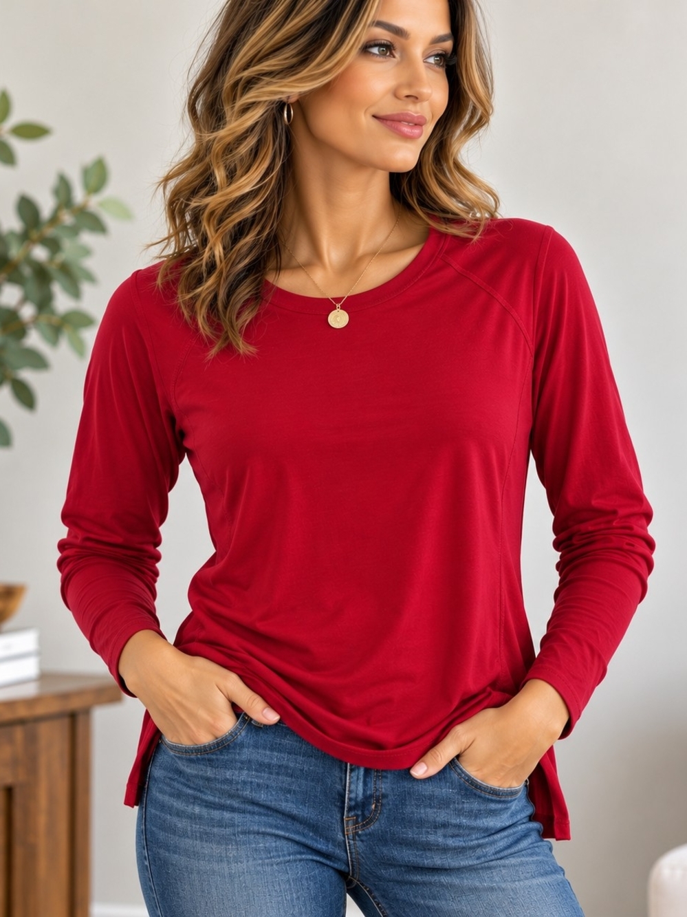Eileen Fisher XS Raspberry Red Long Sleeve Tunic Top Side Slit Stretch